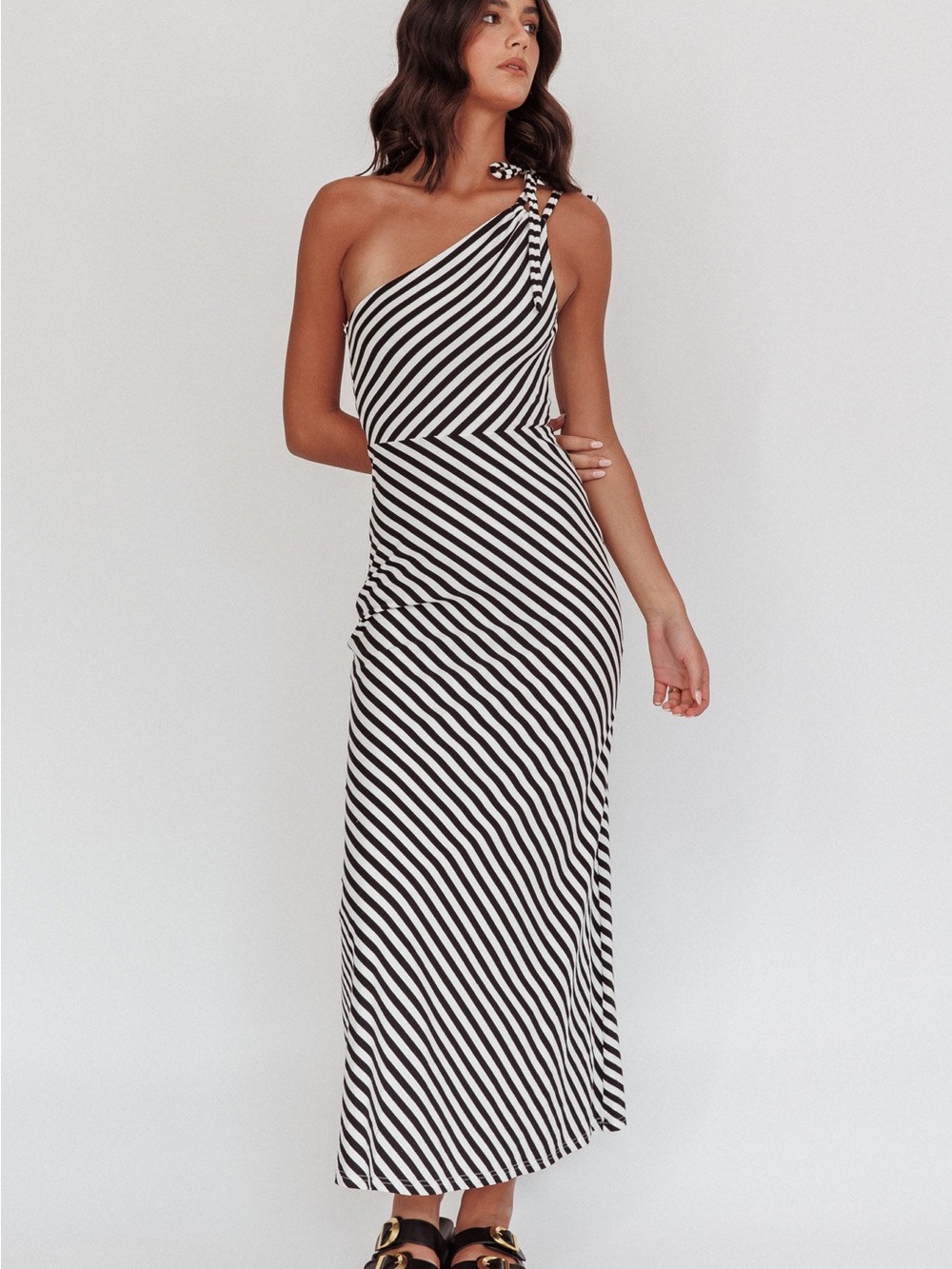 One-Shoulder Black and White Stripe Maxi Dress